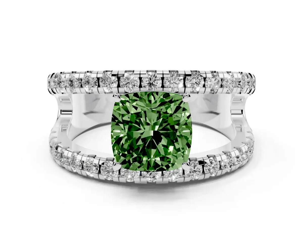 Fancy Green Cushion Cut Solitaire Split Shank Pave Diamond Ring Platinum