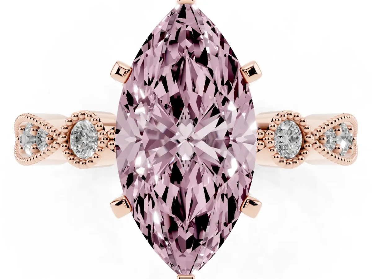 Fancy Pink Marquise Cut Milgrain Bezel Diamond Engagement Ring with Solitaire Prong Setting Rose gold