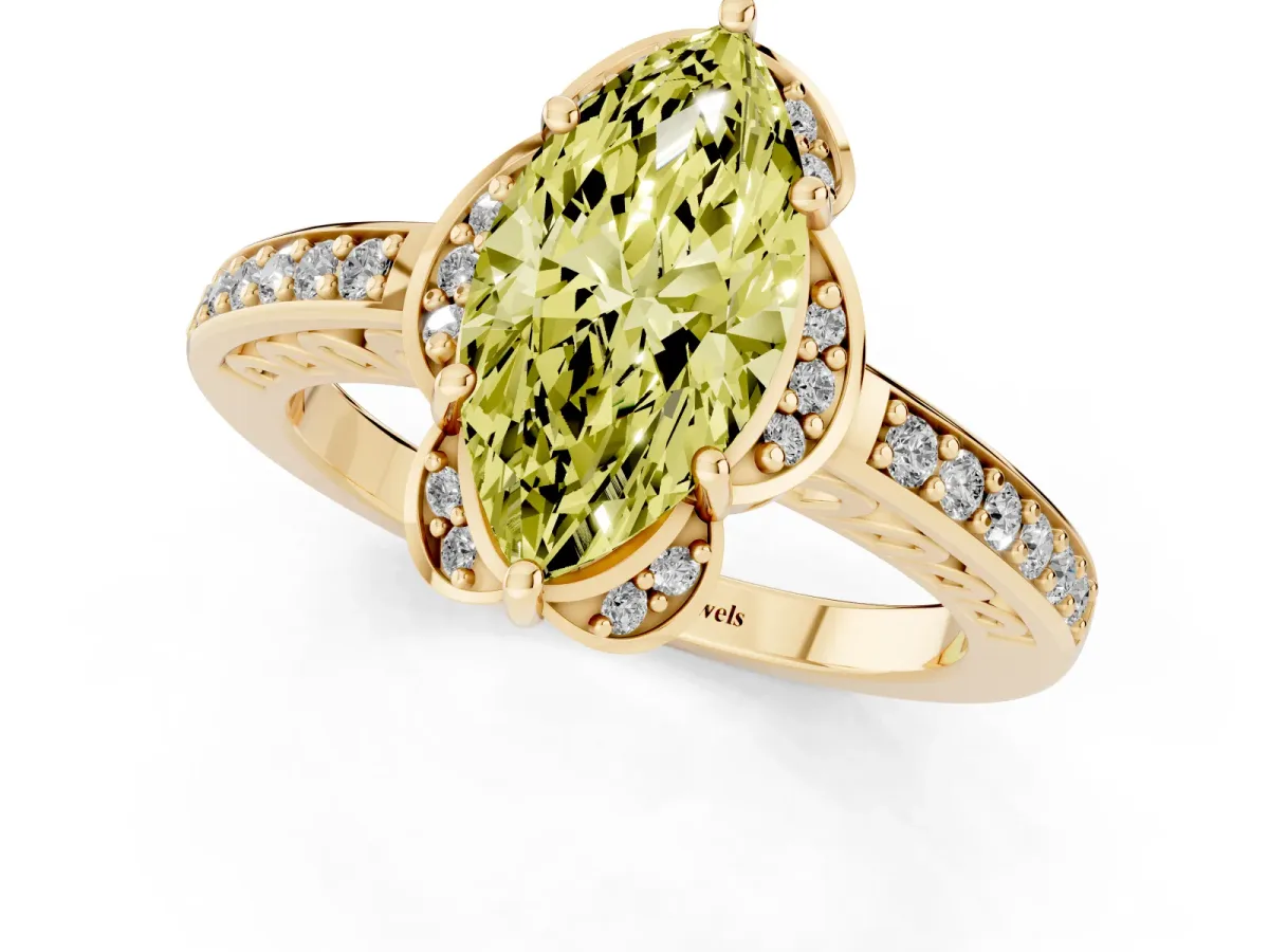 Fancy Yellow Marquise Cut Cut Halo Diamond Ring with Channel Set Band and Four-Prong Setting Yellow gold