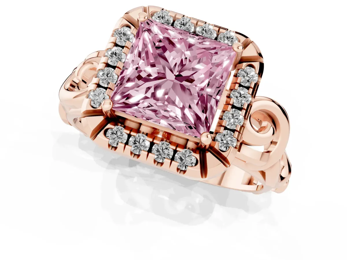 Fancy Pink Princess Cut Cut Halo Diamond Ring with Scrollwork Band and Four-Prong Setting Rose gold