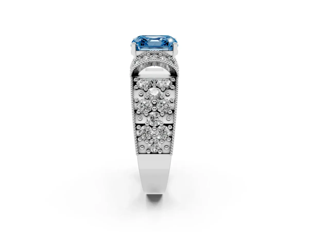 Fancy Blue Asscher Cut Halo Pave Diamond Engagement Ring with Milgrain Detailing Platinum