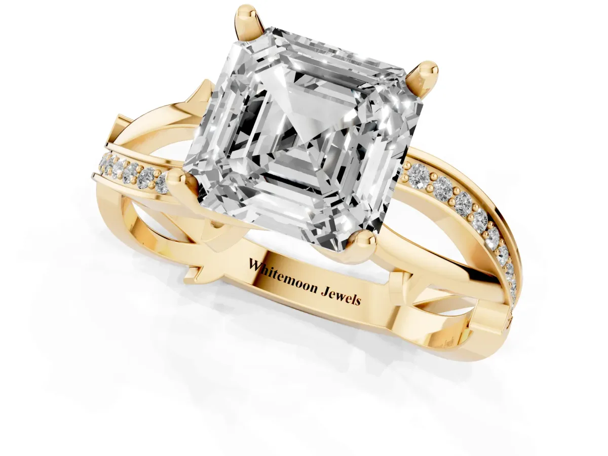 Asscher Cut Solitaire Twist Band with Pavé Accents and Four-Prong Setting Yellow gold