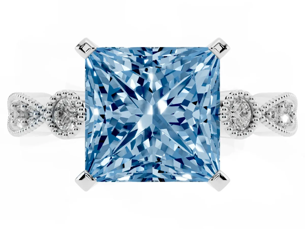 Fancy Blue Princess Cut Milgrain Bezel Diamond Engagement Ring with Solitaire Prong Setting Silver