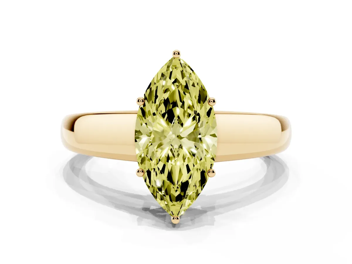 Fancy Yellow Marquise Cut Solitaire Diamond Ring with Tapered Band and Four-Prong Setting Yellow gold