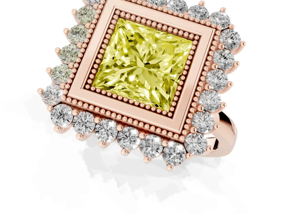Fancy Yellow Princess Cut Halo Diamond Ring with Milgrain Edge and Round Prong Setting Rose gold