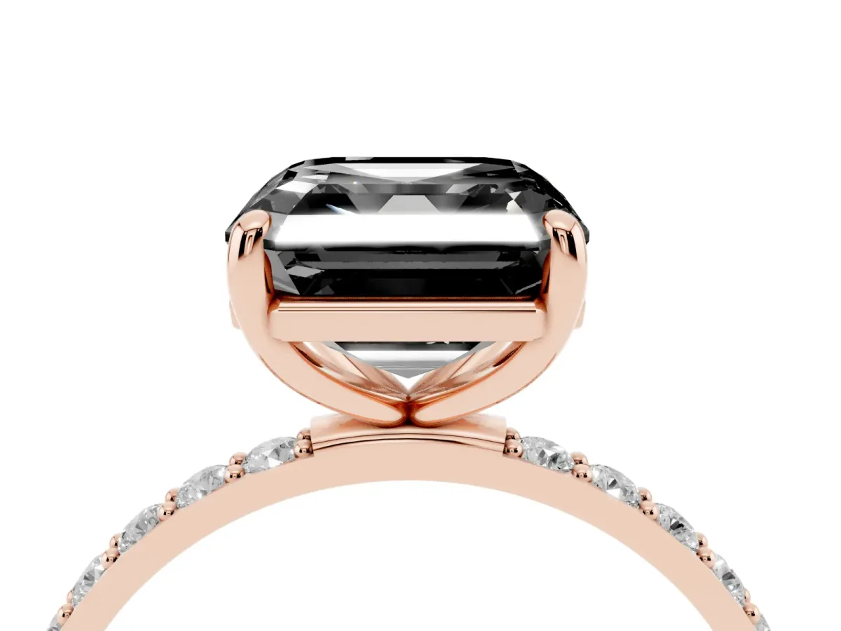 Fancy Black Asscher Cut Diamond Solitaire Ring with Round Pavé Band and Prong Setting Rose gold