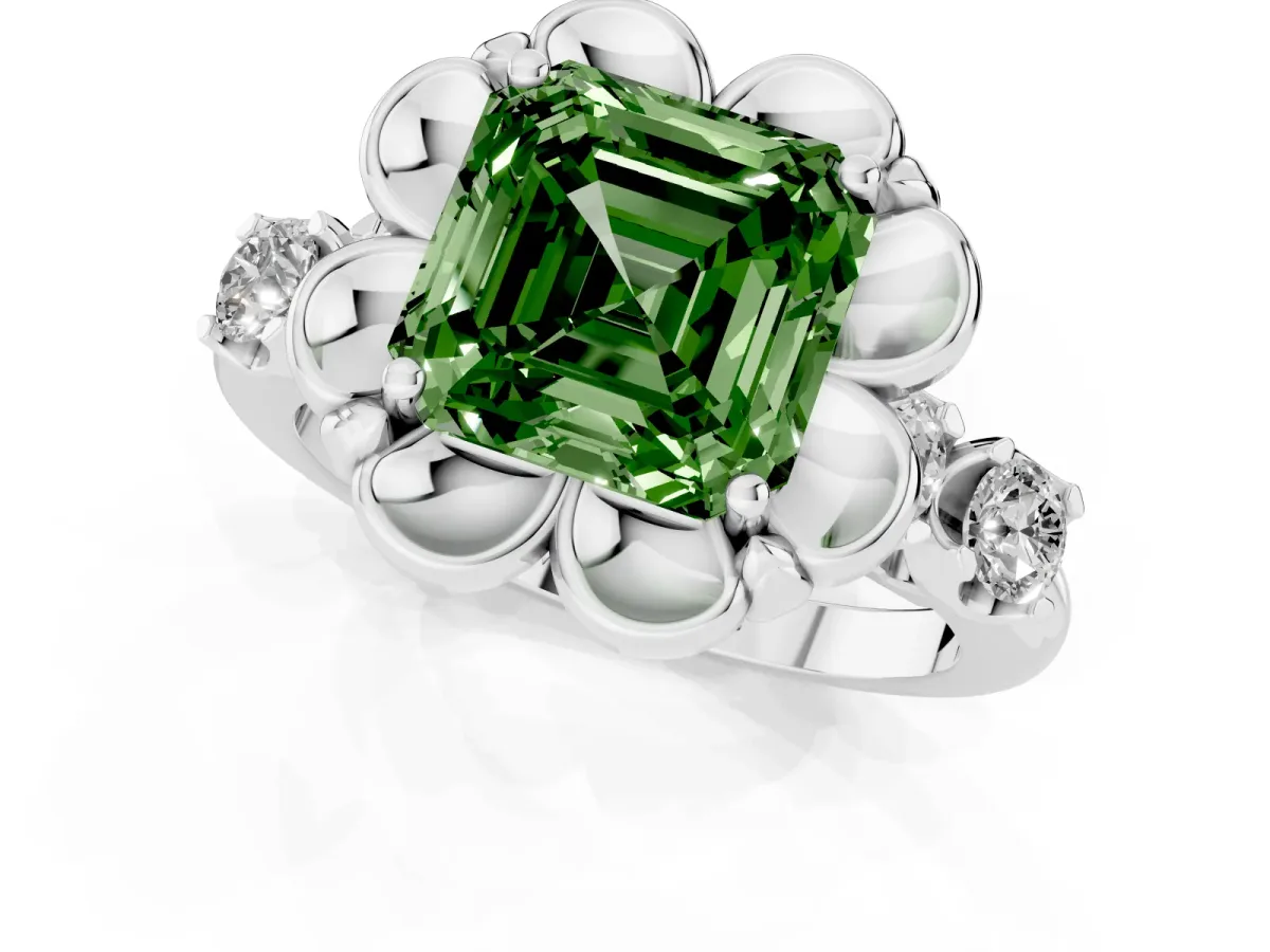 Fancy Green Asscher Cut Cut Diamond Floral Halo Engagement Ring with Shared Prong Setting Silver