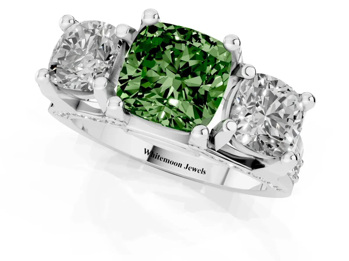 Fancy Green Cushion Cut Diamond Three-Stone Ring with Channel Set Band and Four-Prong Setting Silver