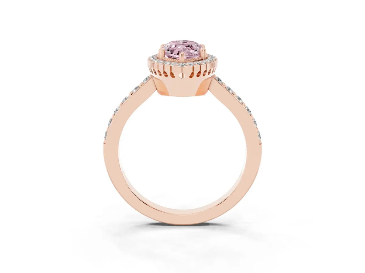 Fancy Pink Marquise Cut Cut Diamond Halo Engagement Ring with Milgrain Detail and Pavé Band Rose gold