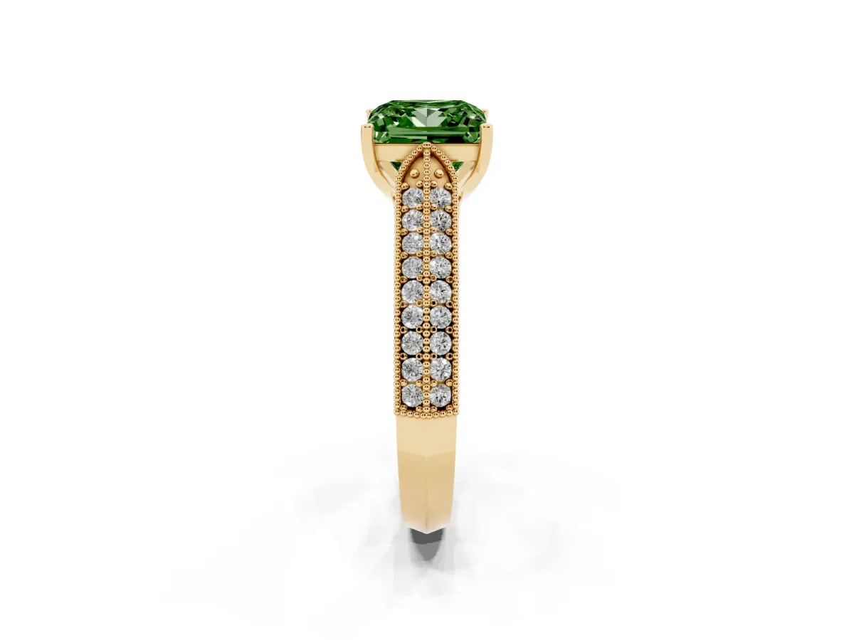 Fancy Green Princess Cut Cut Pave Split Shank Engagement Ring with Four-Prong Setting Yellow gold