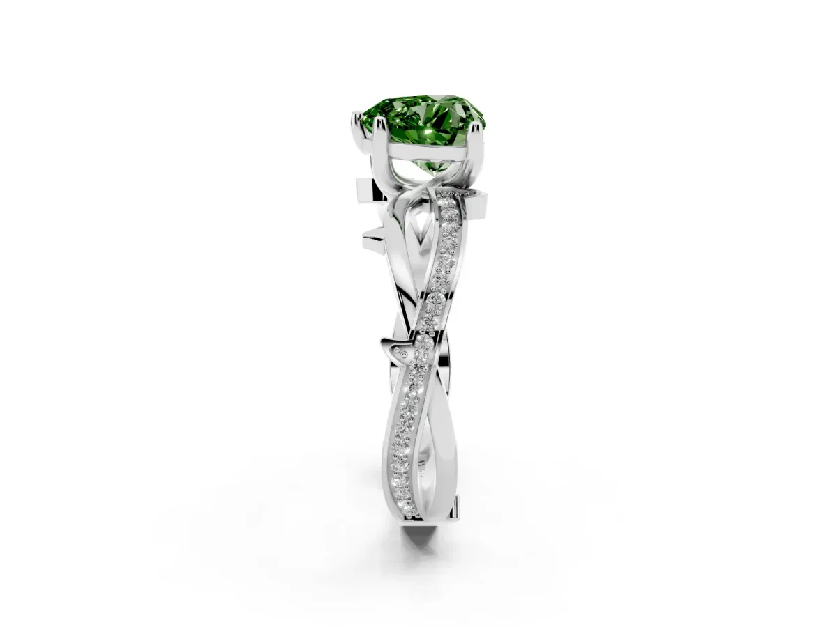 Fancy Green Heart Cut Solitaire Twist Band with Pavé Accents and Four-Prong Setting Silver