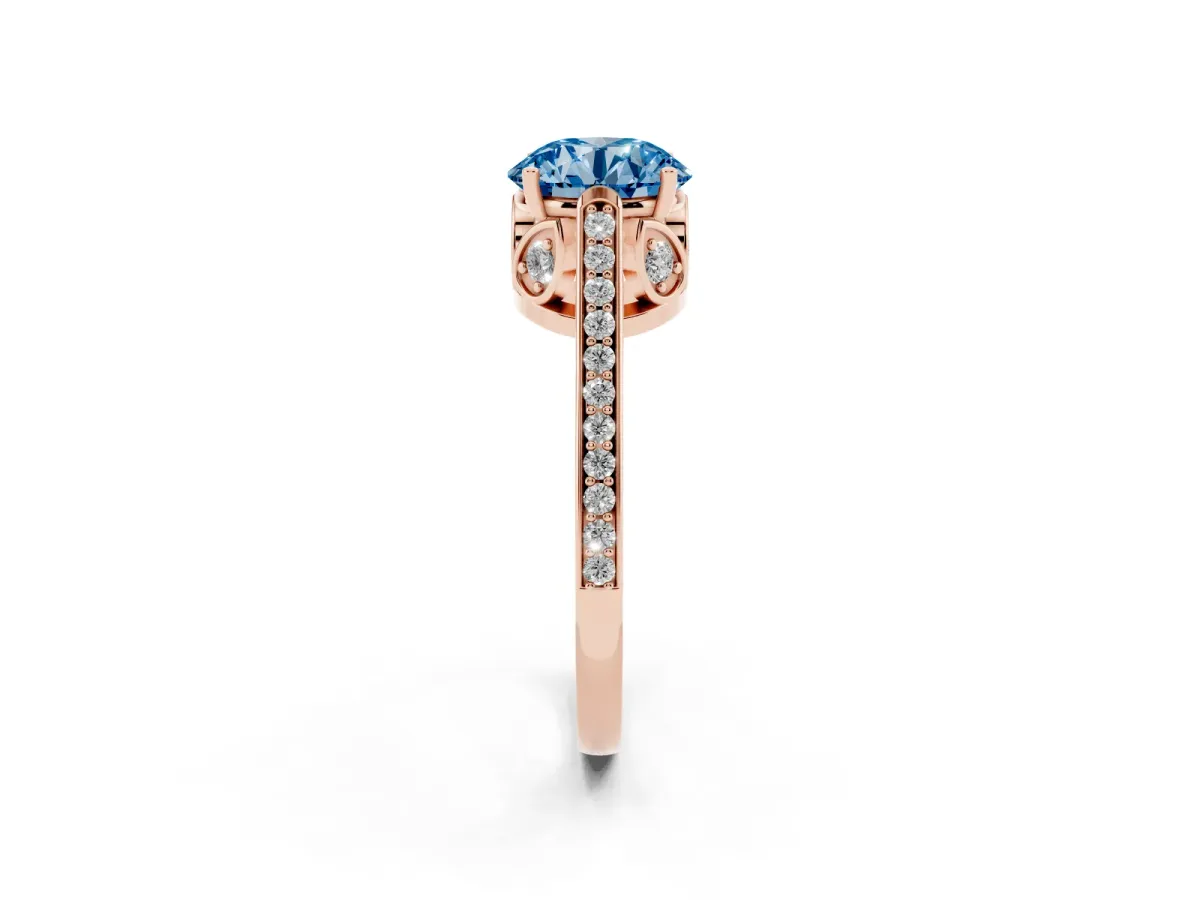 Fancy Blue Round Cut Cut Cathedral Pave Diamond Engagement Ring with Six-Prong Setting Rose gold