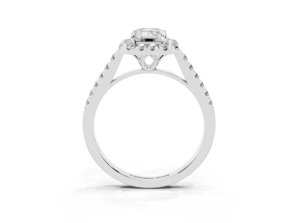 Emerald Cut Halo Pavé Diamond Engagement Ring with Four-Prong Setting Platinum