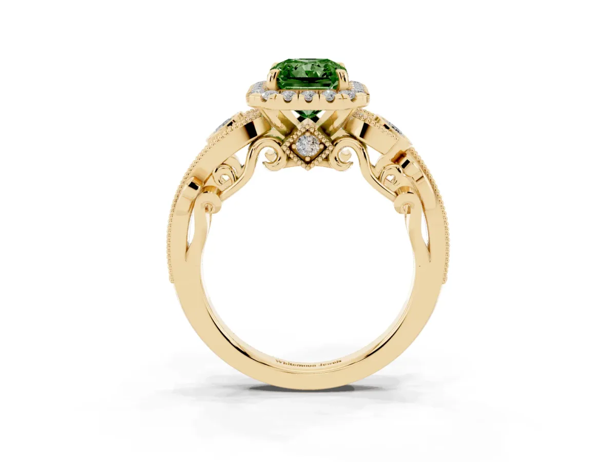 Fancy Green Radiant Cut Halo Diamond Ring with Milgrain and Bezel Accents on a Split Shank Band Yellow gold