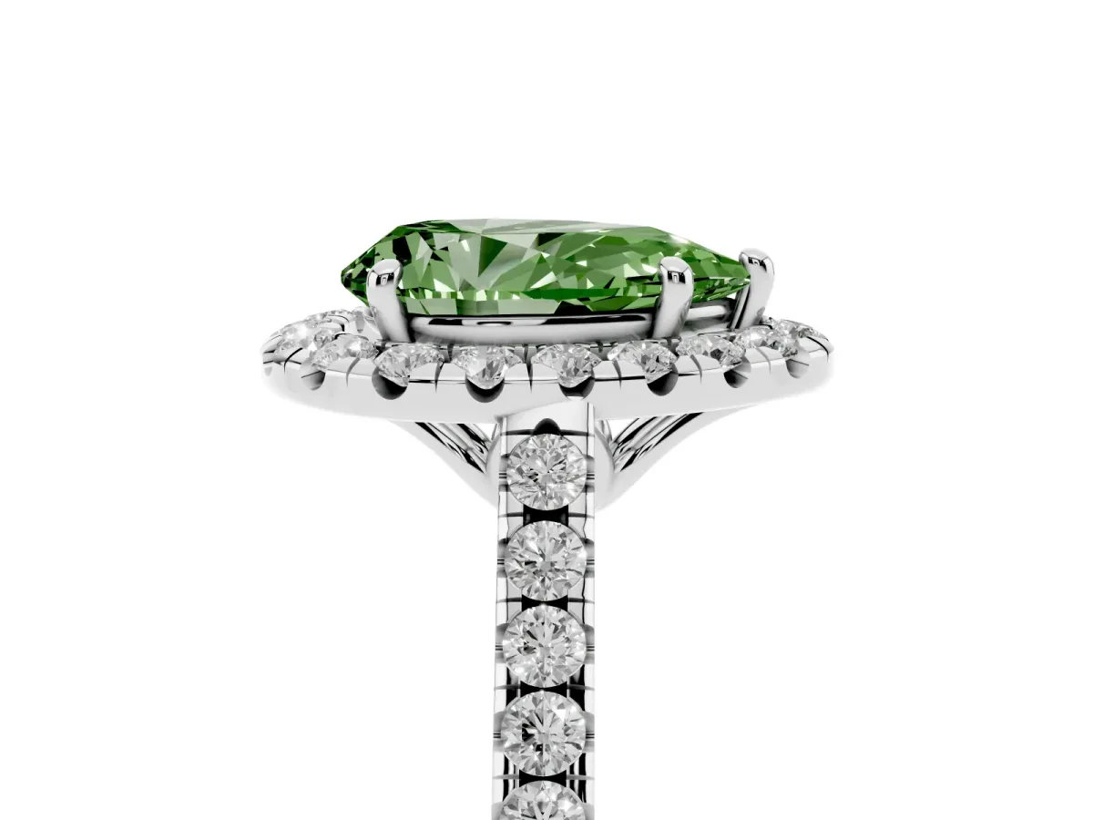 Fancy Green Pear Cut Halo Pavé Diamond Engagement Ring with Four-Prong Setting Silver