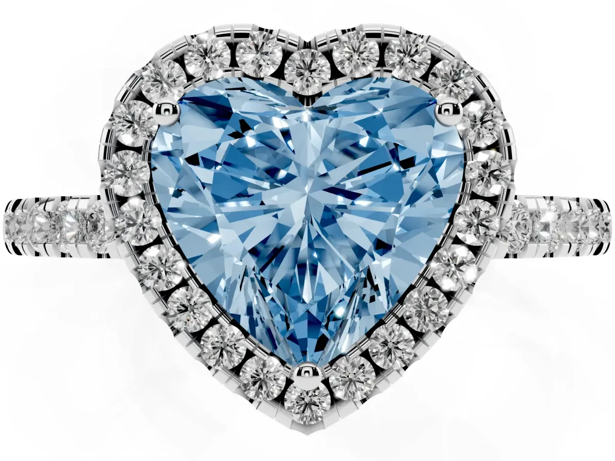 Fancy Blue Heart Cut Halo Diamond Engagement Ring with Pavé Band and Four-Prong Setting Platinum