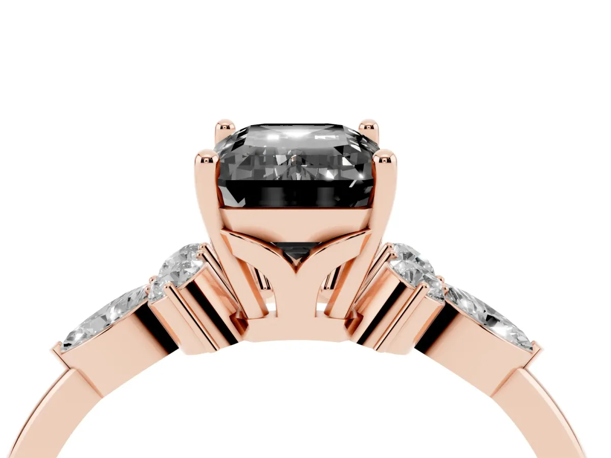 Fancy Black Emerald Cut Brilliant Diamond Solitaire Ring with Pear Side Stones and Four-Prong Setting Rose gold