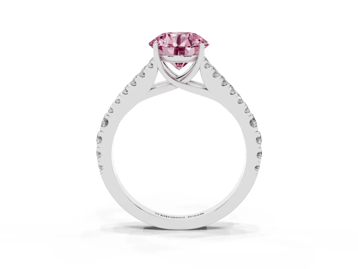 Fancy Pink Round Cut Diamond Split Shank Pavé Engagement Ring with Four-Prong Setting White gold