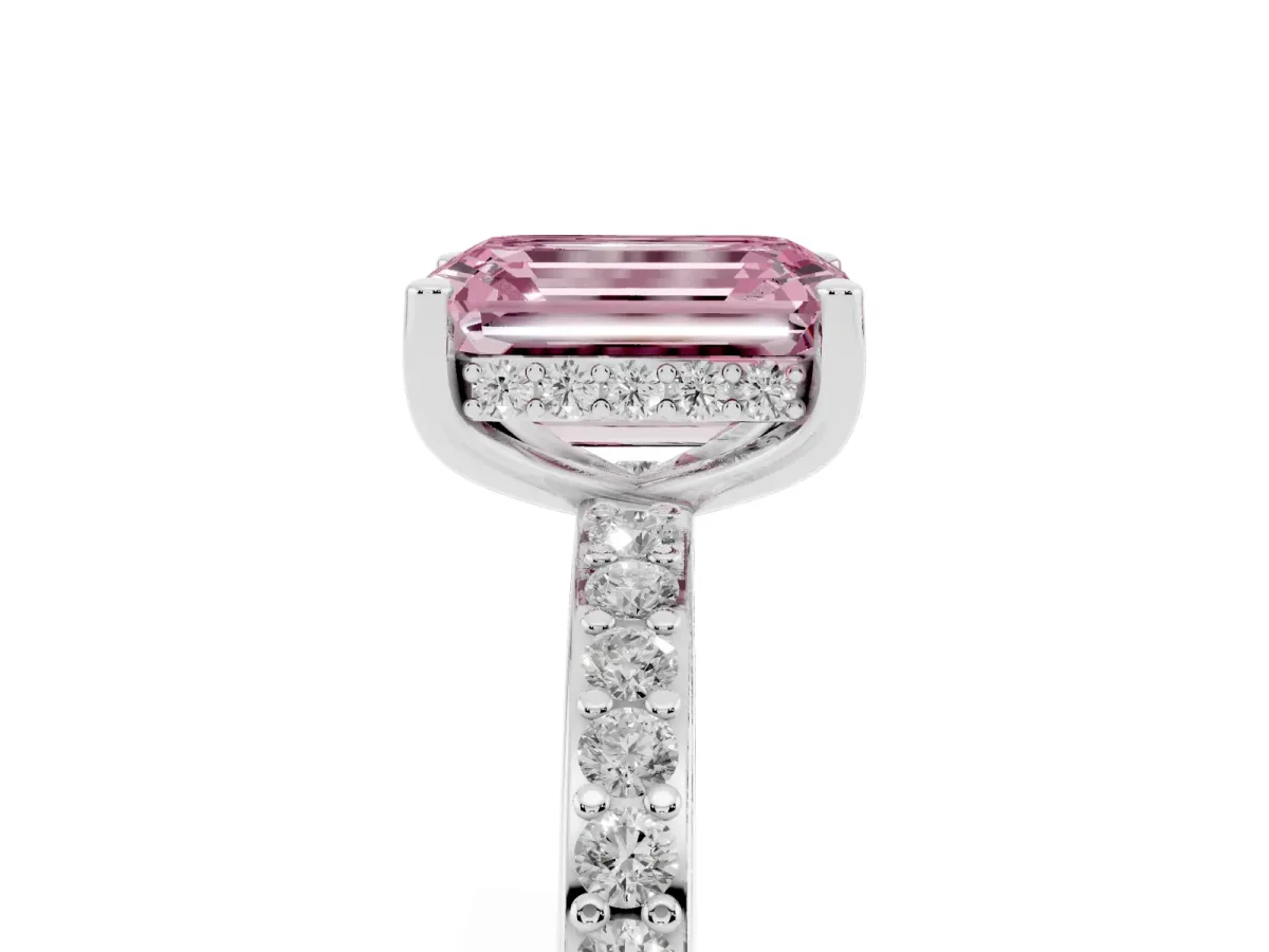 Fancy Pink Emerald Cut Cut Diamond Pavé Band Ring with Four-Prong Setting Silver