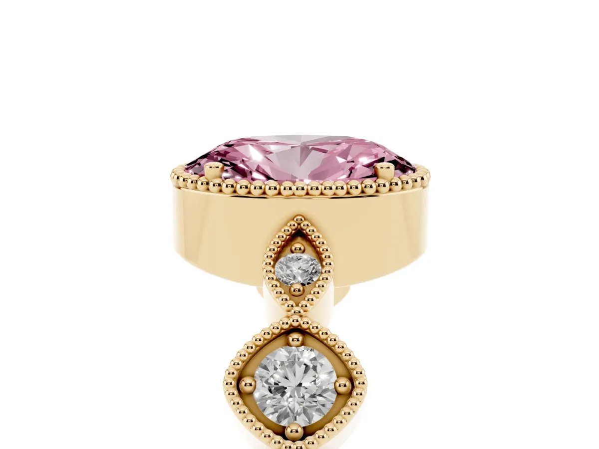 Fancy Pink Oval Cut Diamond Vintage Milgrain Ring with Round Stations Yellow gold