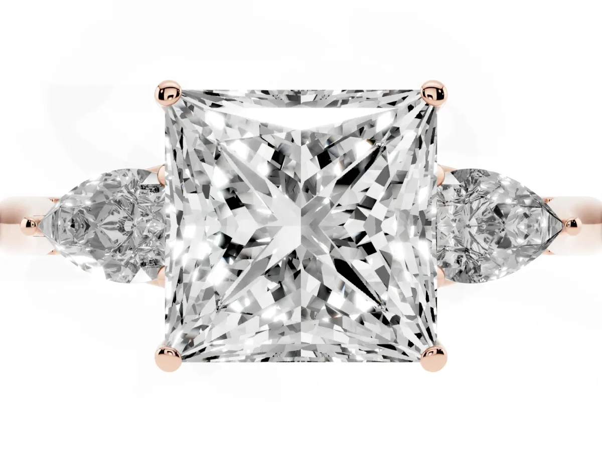 Princess Cut Diamond Three-Stone Ring with Pear Side Stones and Prong Setting Rose gold