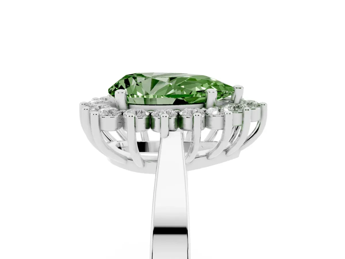 Fancy Green Pear Cut Cut Diamond Halo Ring with Round Brilliant Halo and Solitaire Band Silver