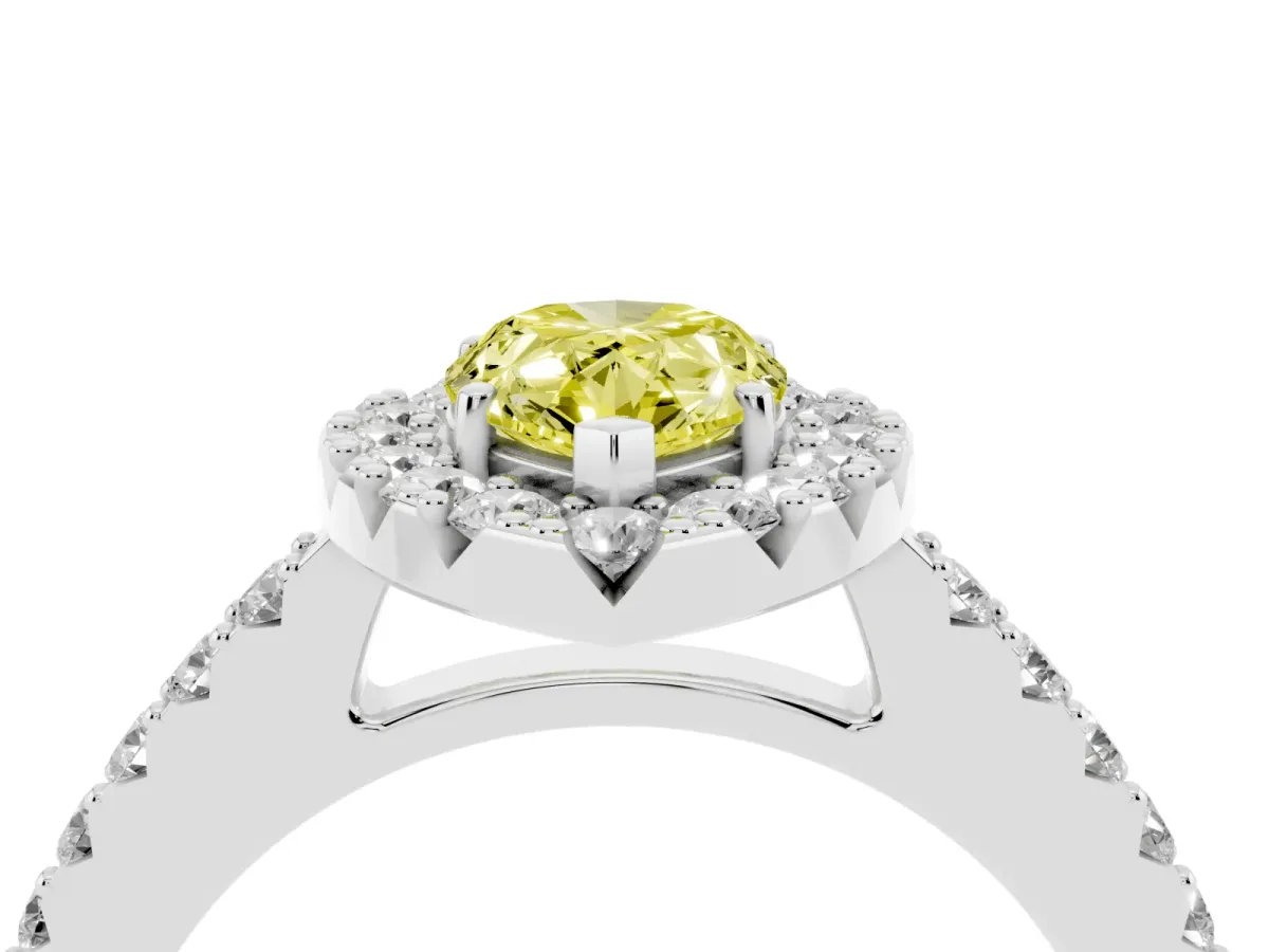 Fancy Yellow Pear Cut Halo Diamond Pavé Solitaire Ring White gold