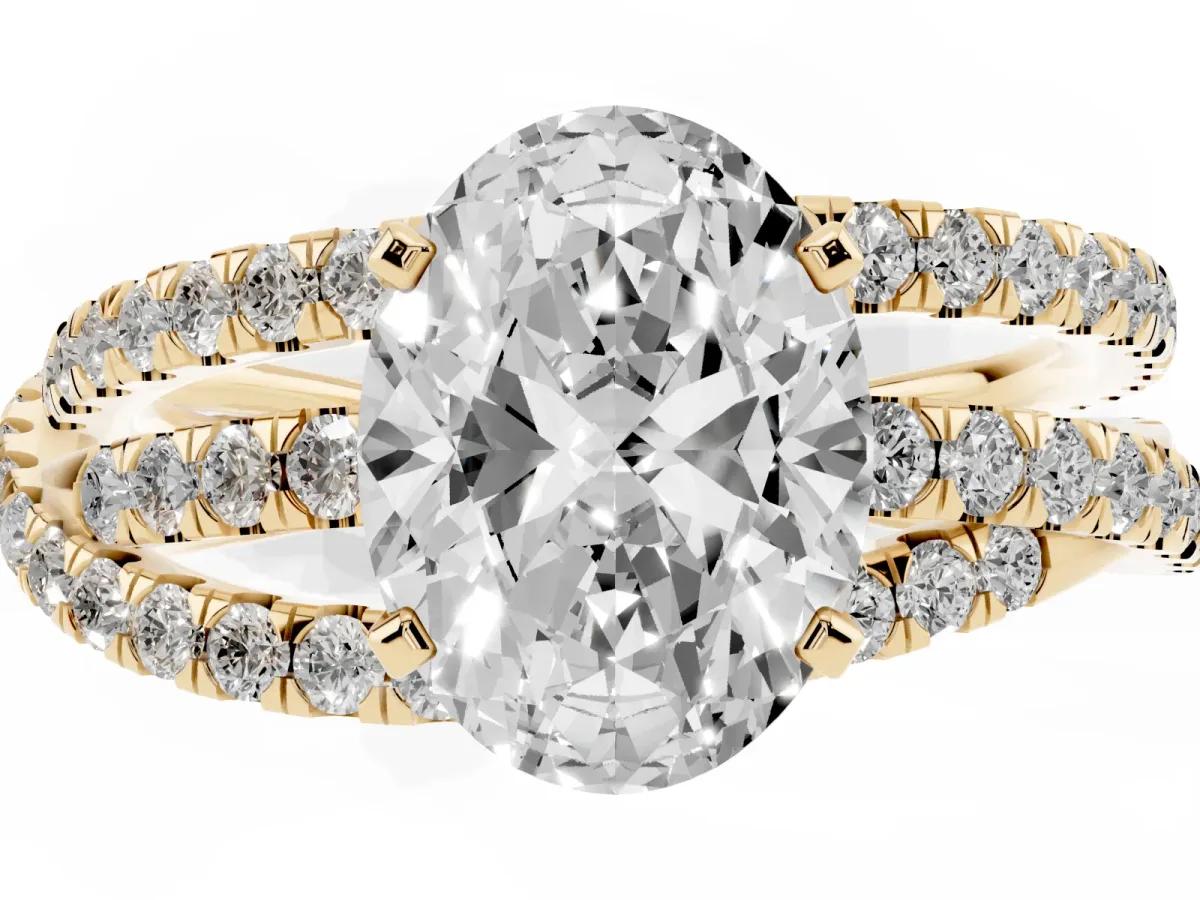 Oval Cut Solitaire Twist Band with Pavé Setting and Four-Prong Setting Yellow gold