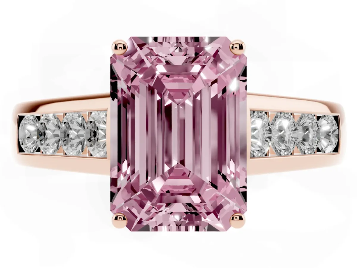 Fancy Pink Emerald Cut Brilliant Channel-Set Solitaire Ring with Four-Prong Setting Rose gold