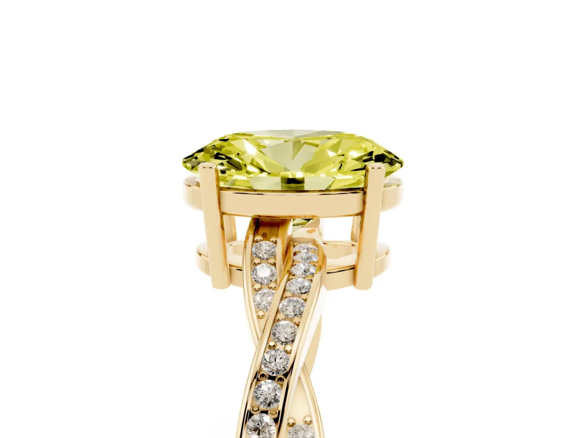 Fancy Yellow Oval Cut Solitaire Twisted Pave Diamond Ring with Four-Prong Setting Yellow gold