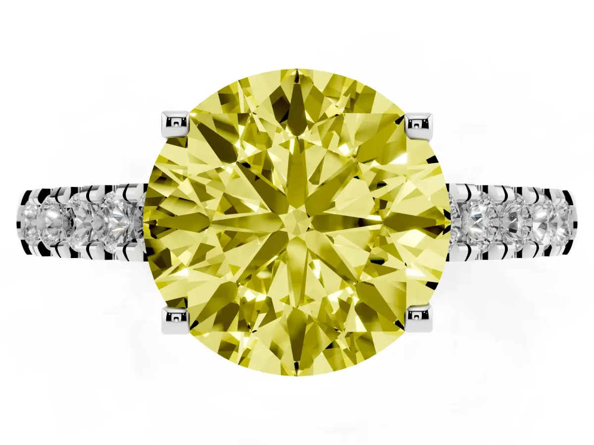 Fancy Yellow Round Cut Diamond Pavé Band Solitaire Ring with Prong Setting Silver