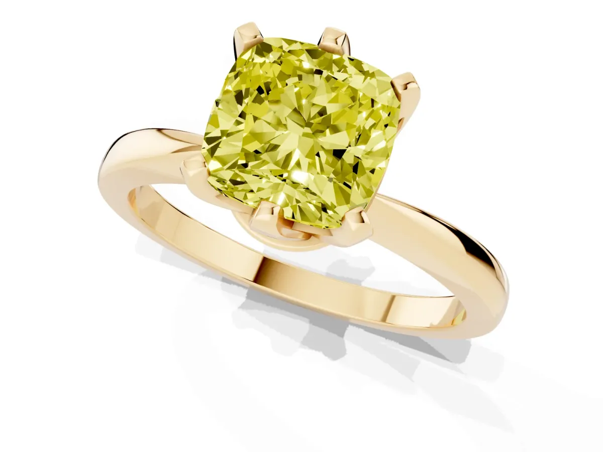Fancy Yellow Cushion Cut Solitaire Engagement Ring with Six-Prong Setting and Tapered Band Yellow gold