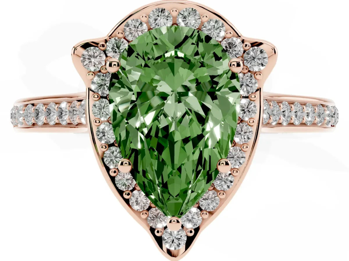 Fancy Green Pear Cut Halo Round Diamond Pave Band with Four-Prong Setting Rose gold