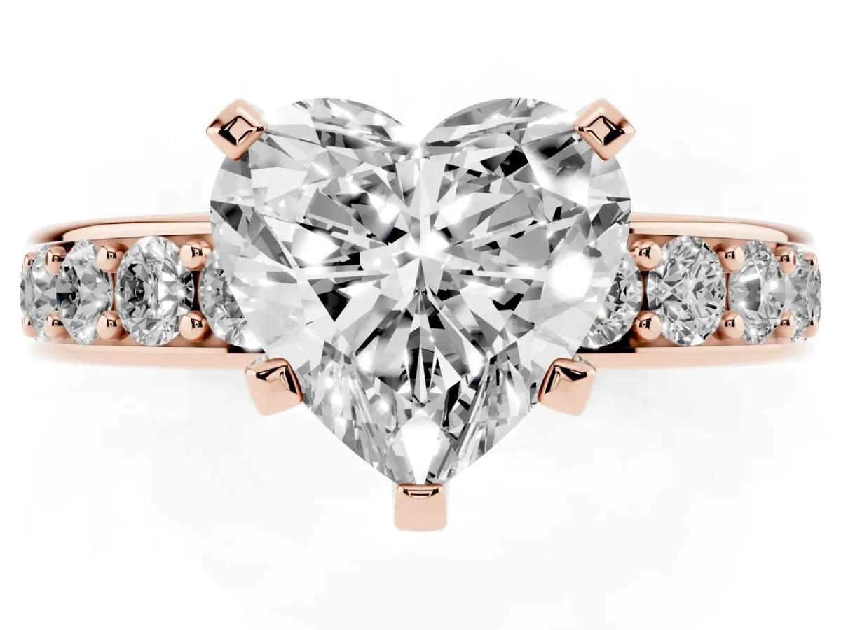 Heart Cut Diamond Engagement Ring with Channel Set Round Band and Prong Setting Rose gold
