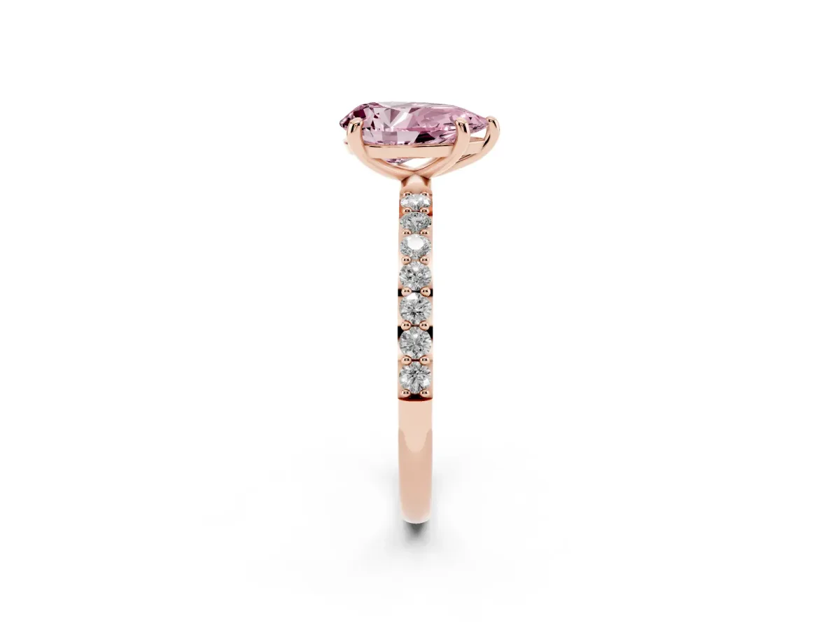 Fancy Pink Pear Cut Diamond Solitaire Ring with Round Pavé Band and Prong Setting Rose gold