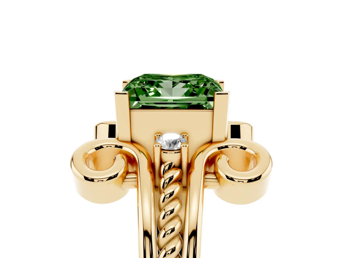 Fancy Green Princess Cut Solitaire Twisted Band Scroll Prong Ring Yellow gold