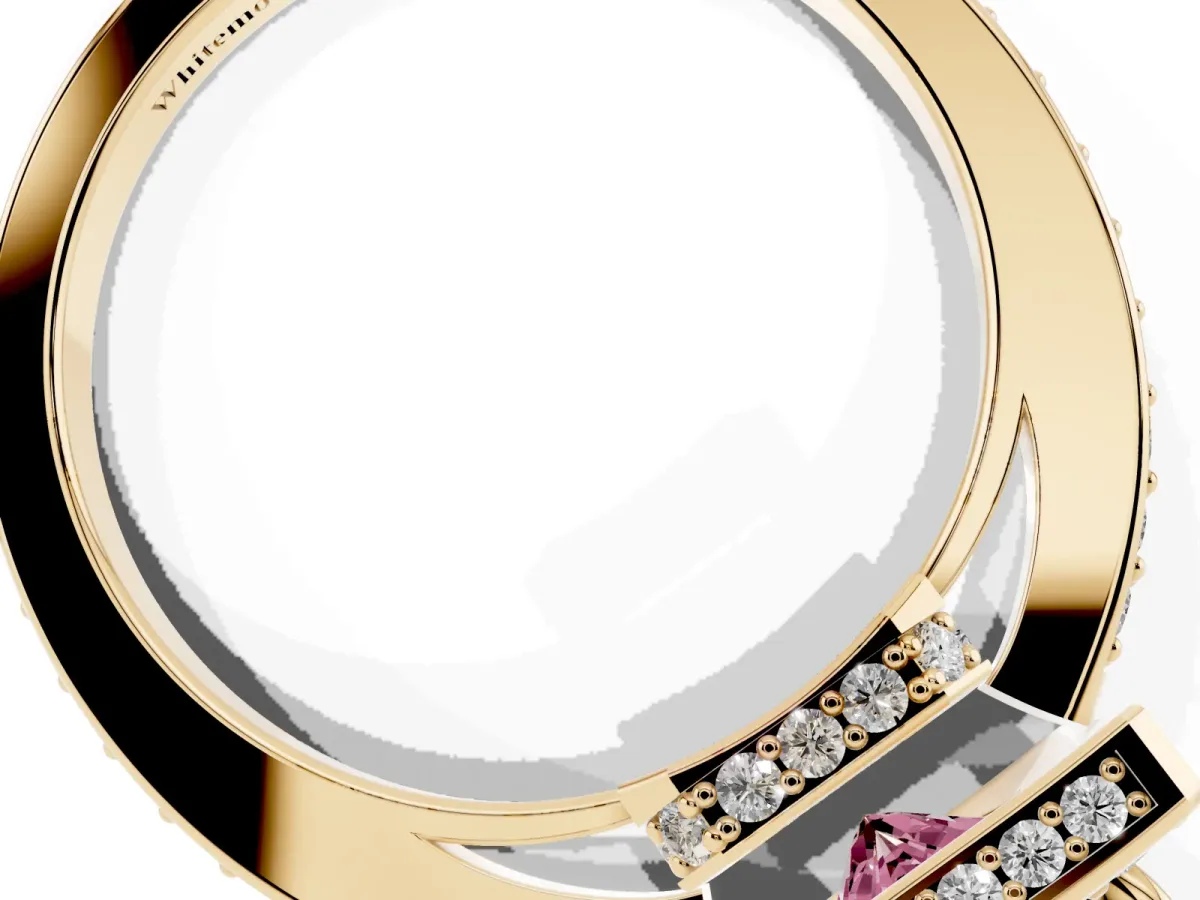 Fancy Pink Radiant Cut Halo Pave Band Solitaire Ring with Prong Setting Yellow gold
