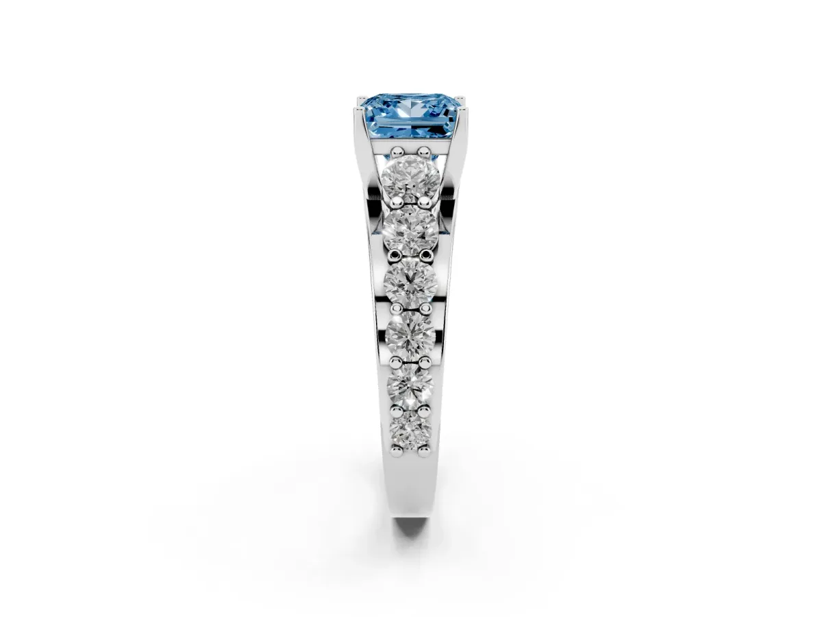 Fancy Blue Princess Cut Diamond Engagement Ring with Pavé Band and Four-Prong Setting Platinum