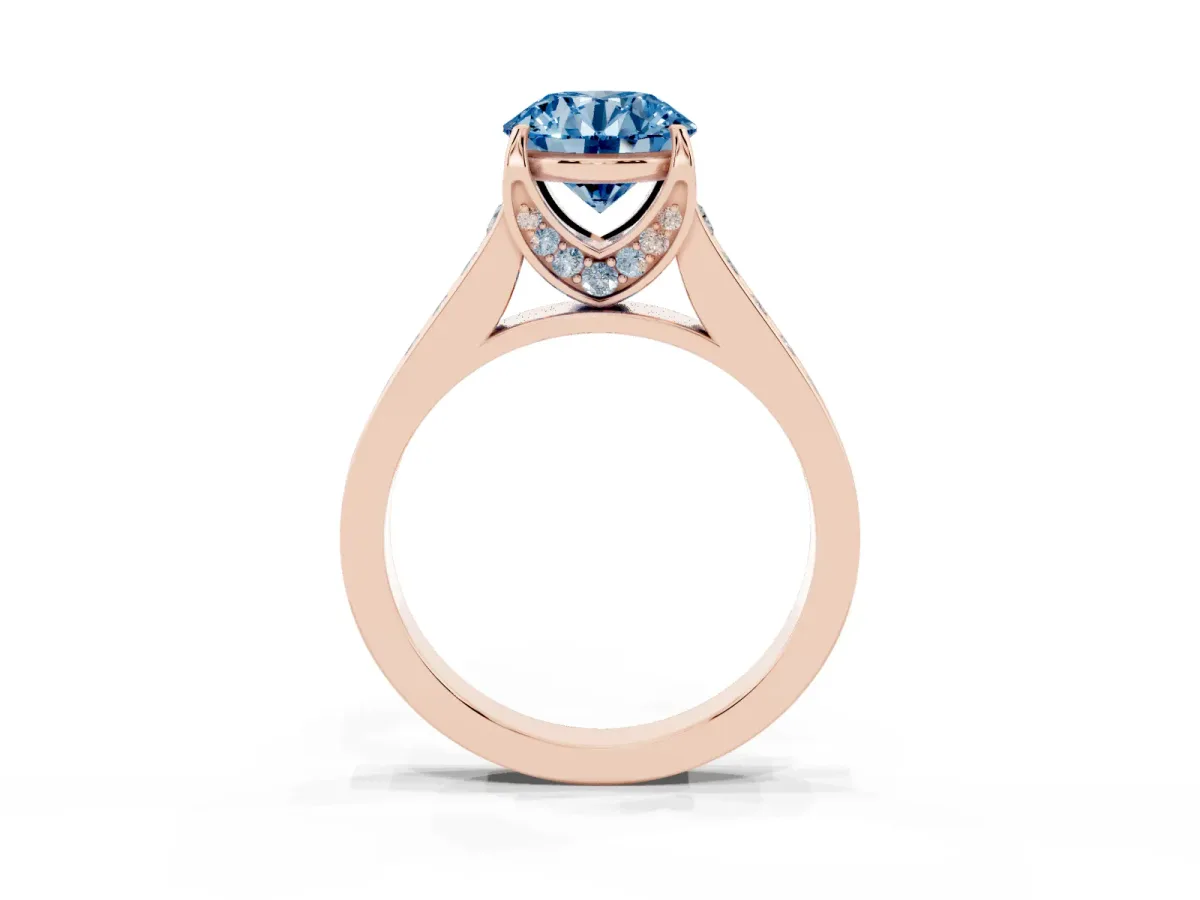 Fancy Blue Round Cut Brilliant Cut Diamond Engagement Ring with Pavé Band and Four-Prong Setting Rose gold
