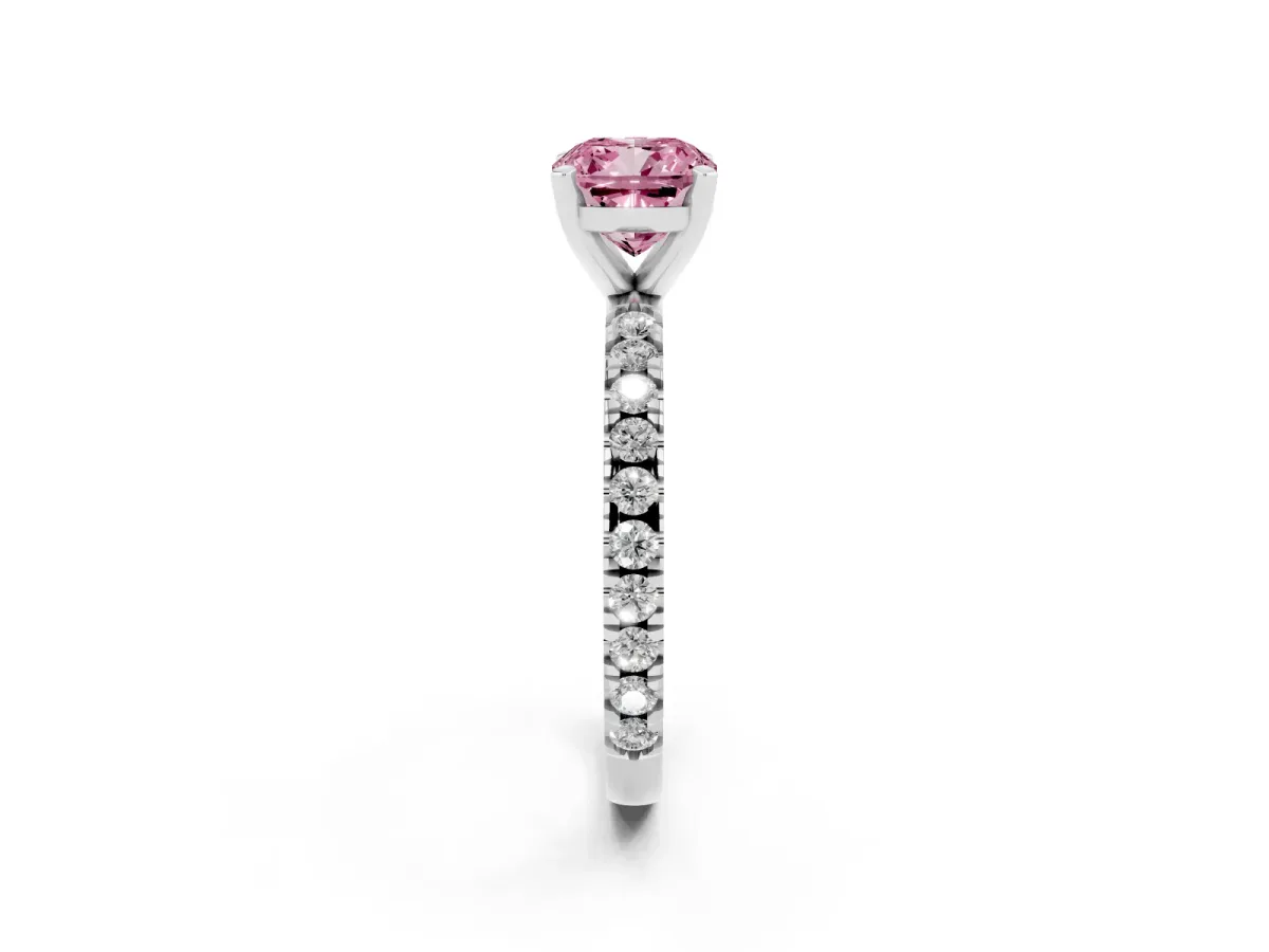 Fancy Pink Cushion Cut Diamond Pavé Band Solitaire with Four-Prong Setting Silver