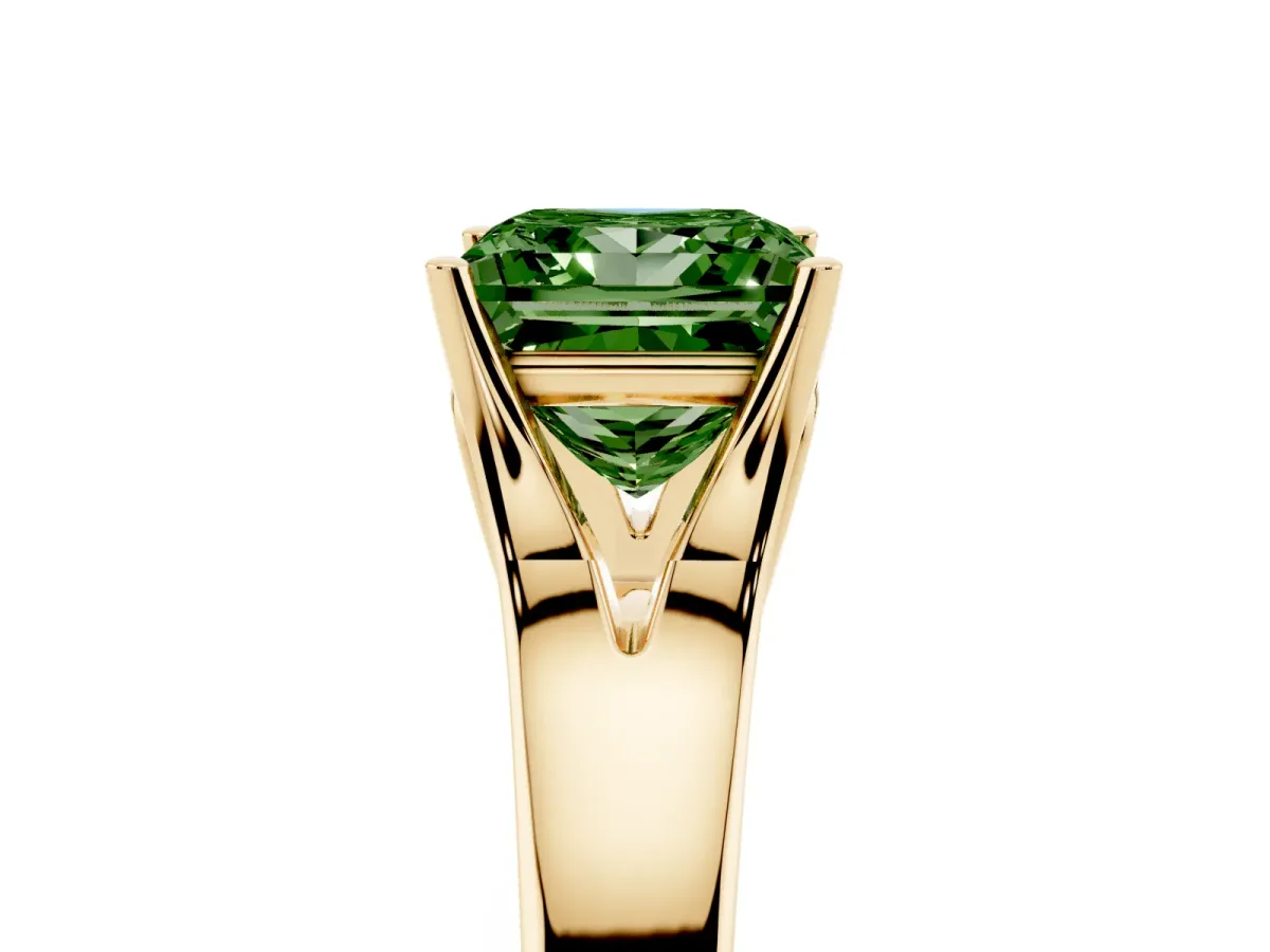 Fancy Green Princess Cut Solitaire Diamond Ring with Cathedral Band and Four-Prong Setting Yellow gold