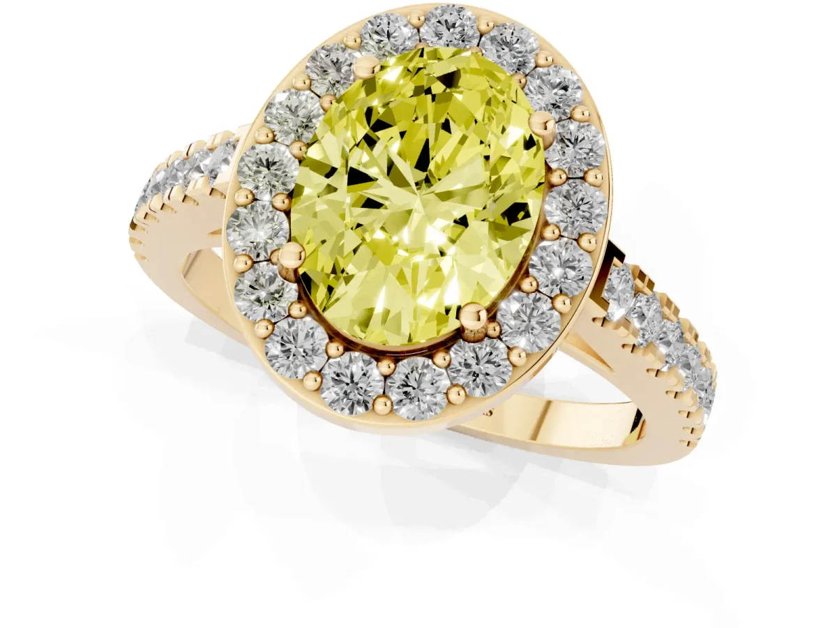 Fancy Yellow Oval Cut Diamond Halo Ring with Round Pavé Split Shank and Prong Setting Yellow gold