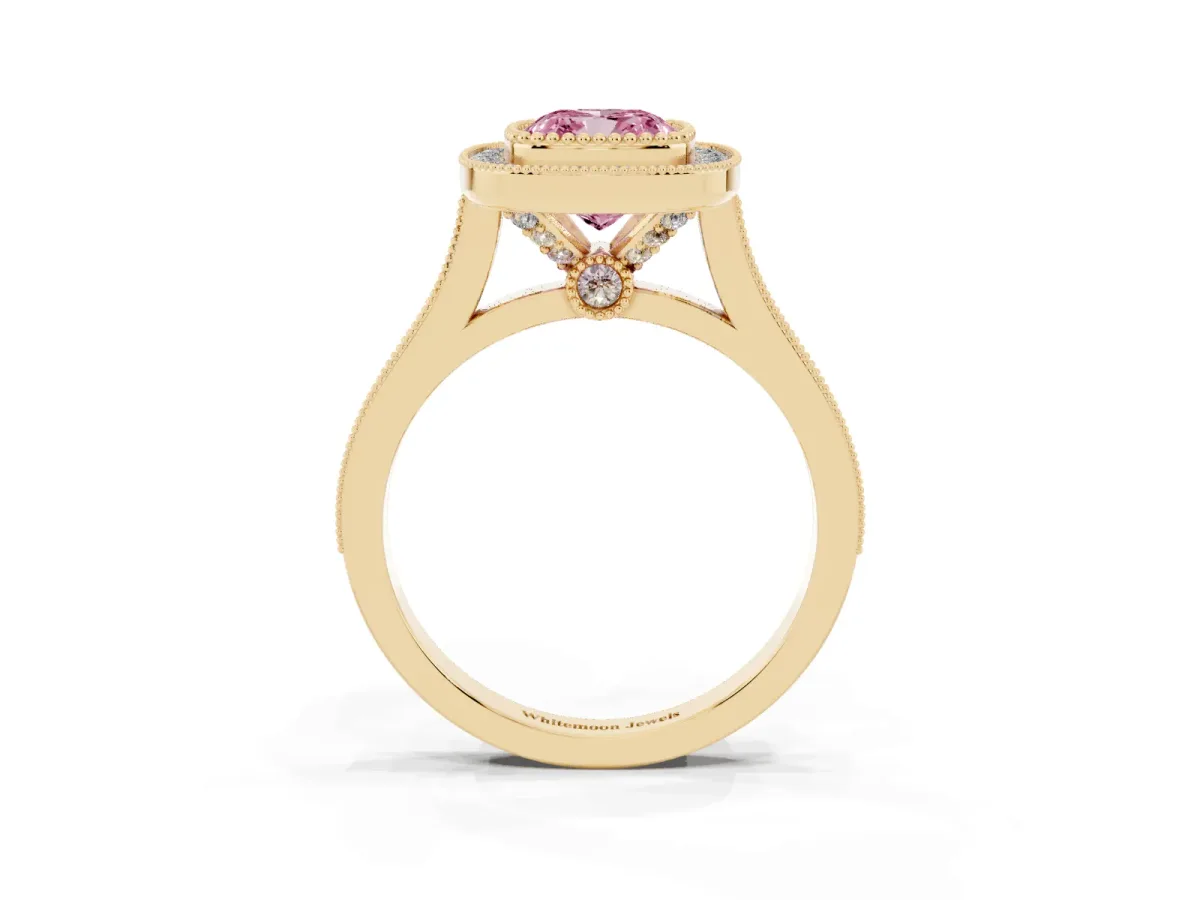 Fancy Pink Cushion Cut Diamond Halo Ring with Milgrain Frame and Pavé Band Yellow gold