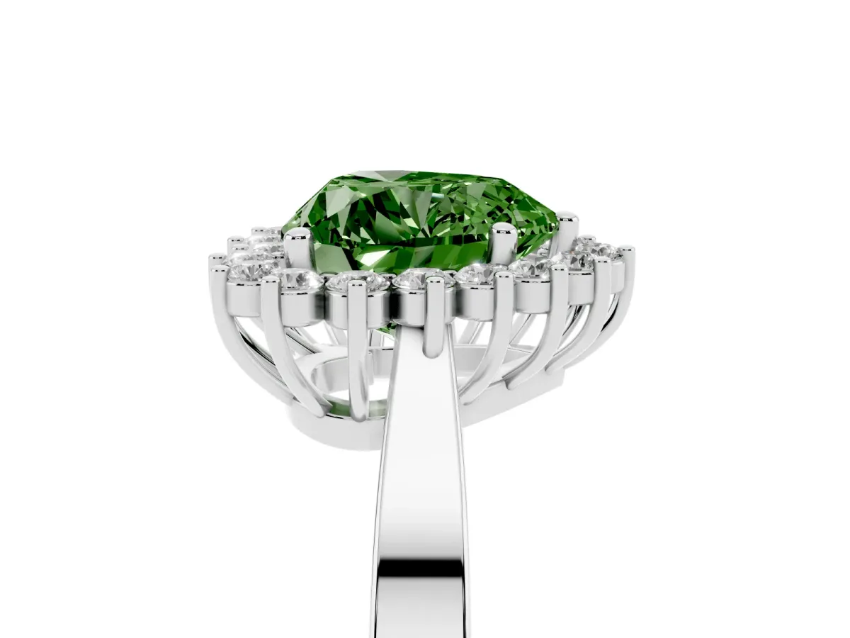 Fancy Green Heart Cut Cut Diamond Halo Ring with Round Brilliant Halo and Solitaire Band Silver
