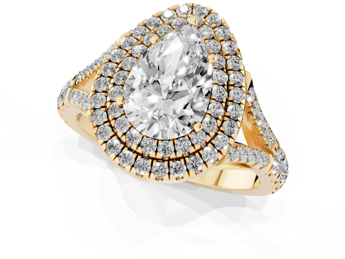 Double Halo Pear Cut Diamond Split Shank Engagement Ring with Four-Prong Setting Yellow gold