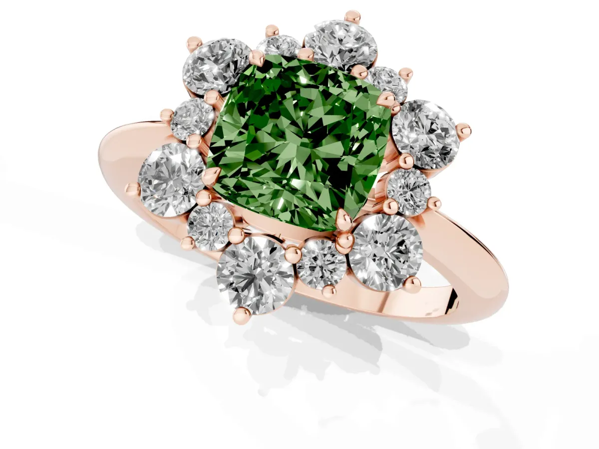 Fancy Green Cushion Cut Diamond Cluster Halo Ring with Solitaire Band and Four-Prong Setting Rose gold