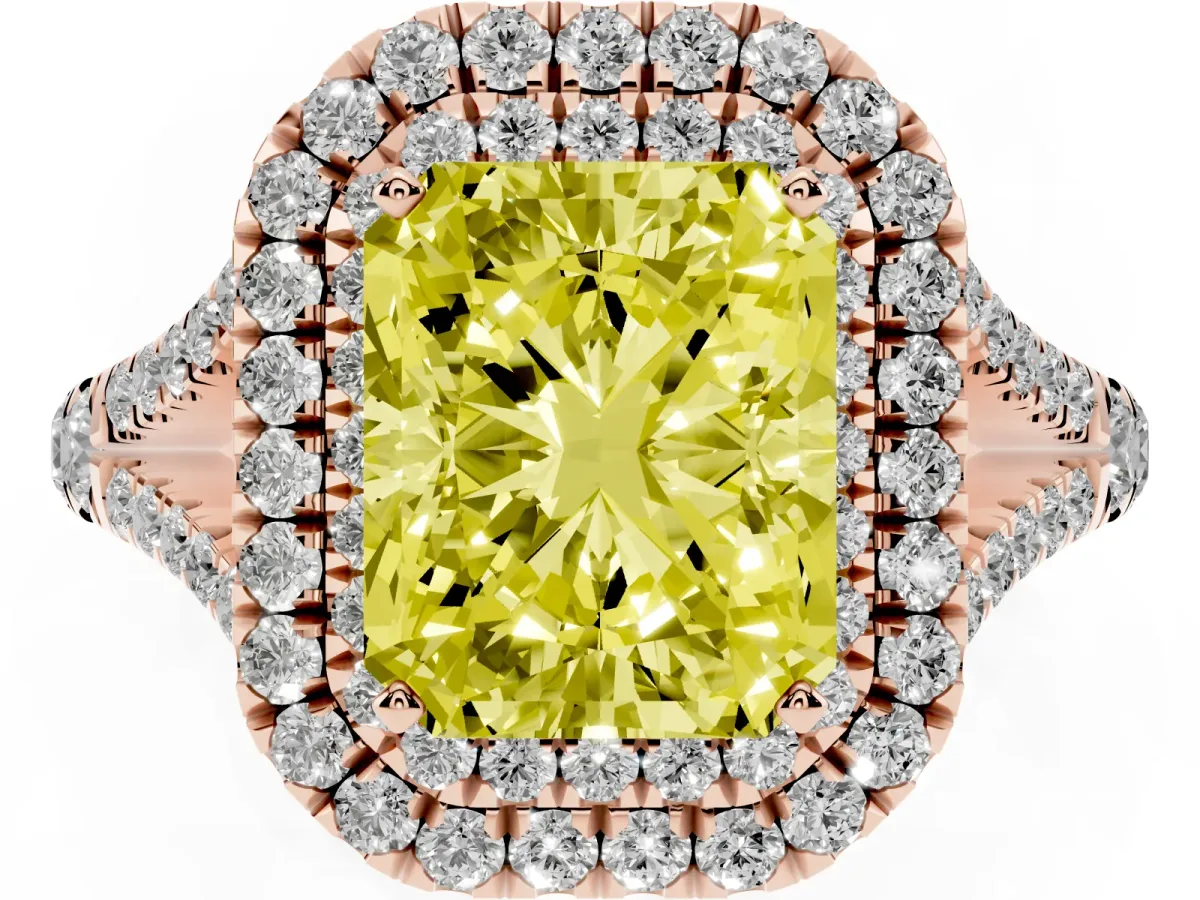 Fancy Yellow Double Halo Radiant Cut Diamond Split Shank Engagement Ring with Four-Prong Setting Rose gold