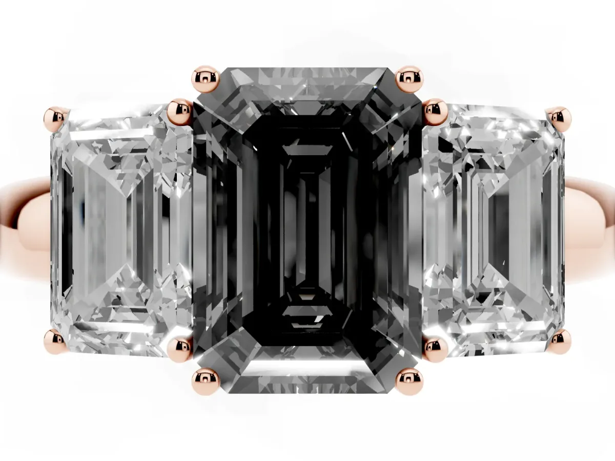 Fancy Black Emerald Cut Diamond Three-Stone Ring with Four-Prong Setting and Classic Band Rose gold