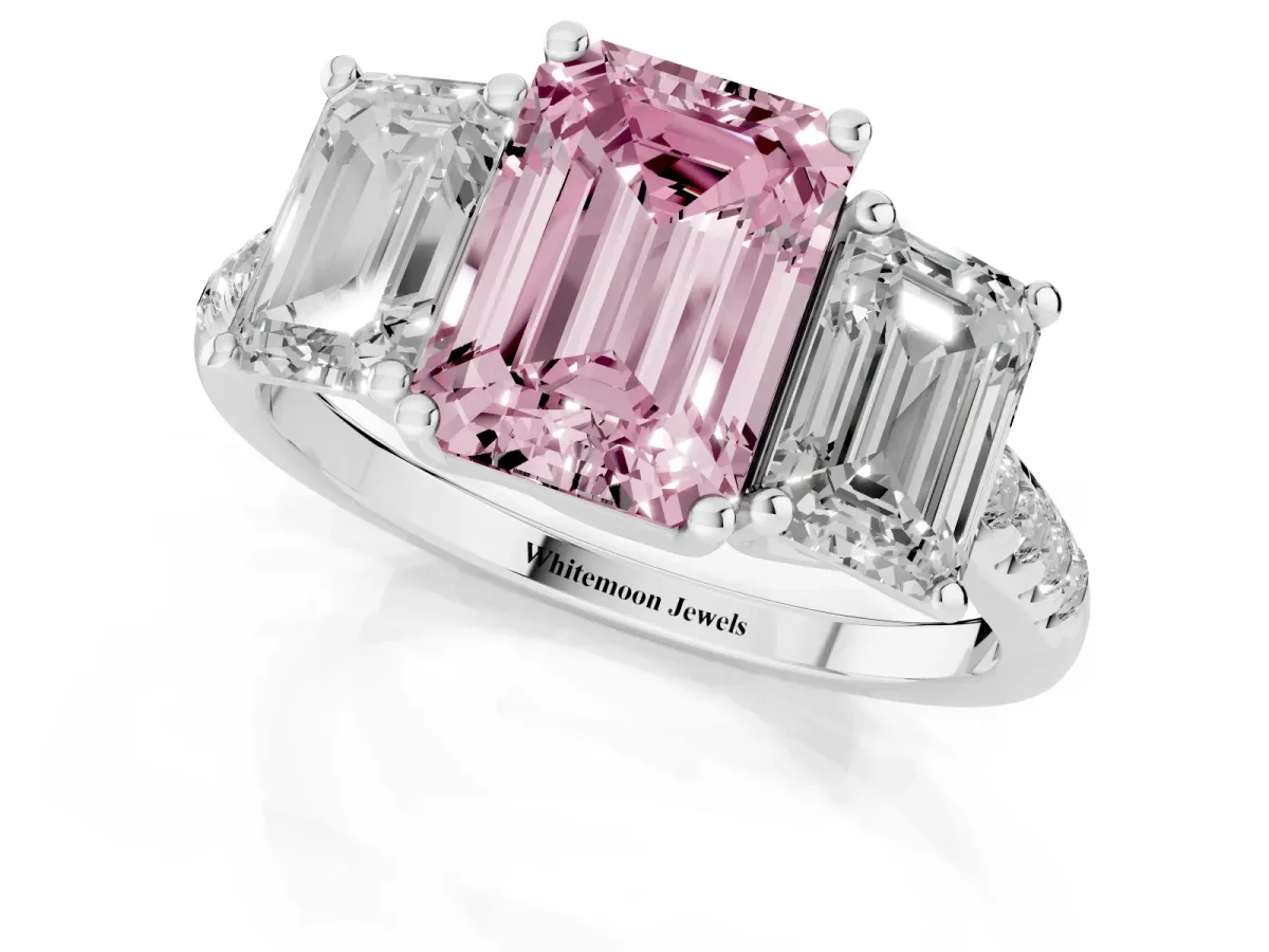 Fancy Pink Three-Stone Emerald Cut Diamond Ring with Round Pavé Band and Prong Setting Silver