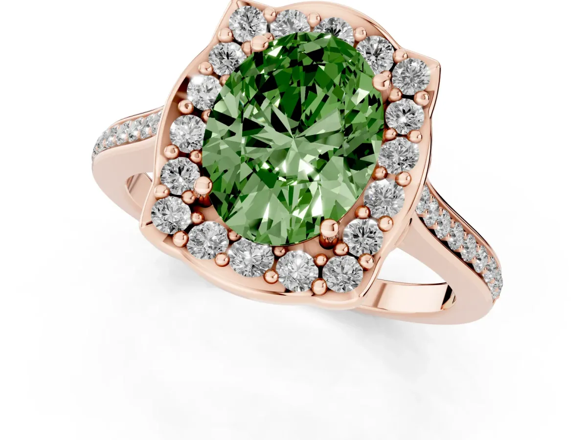 Fancy Green Oval Cut Halo Round Diamond Pave Band with Four-Prong Setting Rose gold